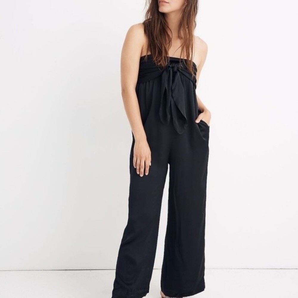 NWT Madewell Black Satin Strapless Tie-Front Wide Leg Jumpsuit - Size 10
